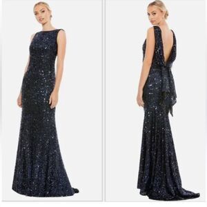 Mac Duggal 26331 Blue Cowl Back Boat Neck Sequined Evening Gown | Size 10
